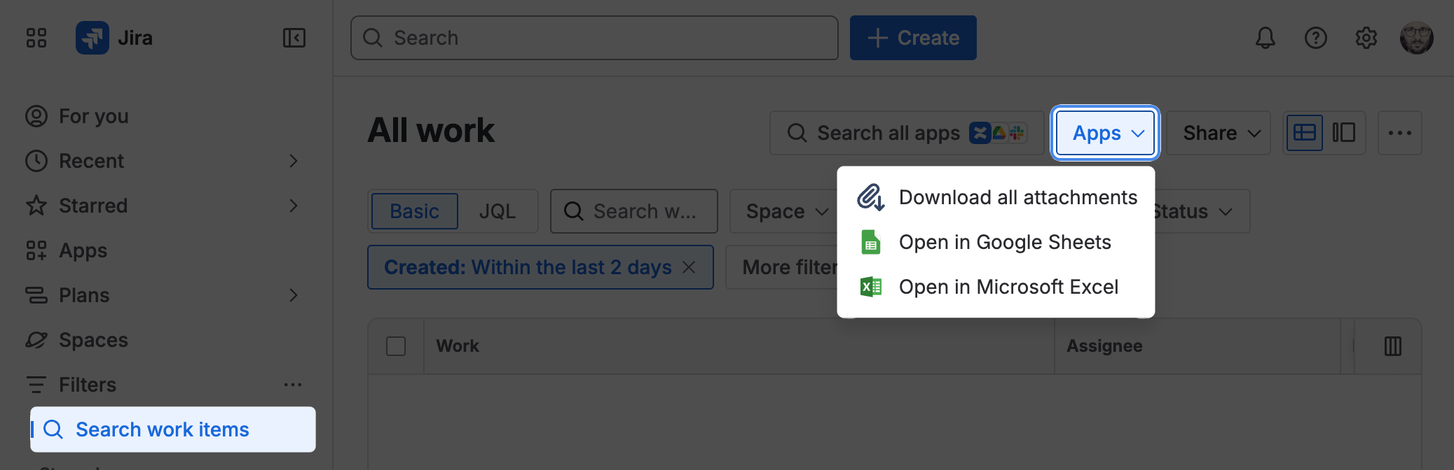 Jira work item search opened from Filters with the Apps menu open and Download all attachments selected