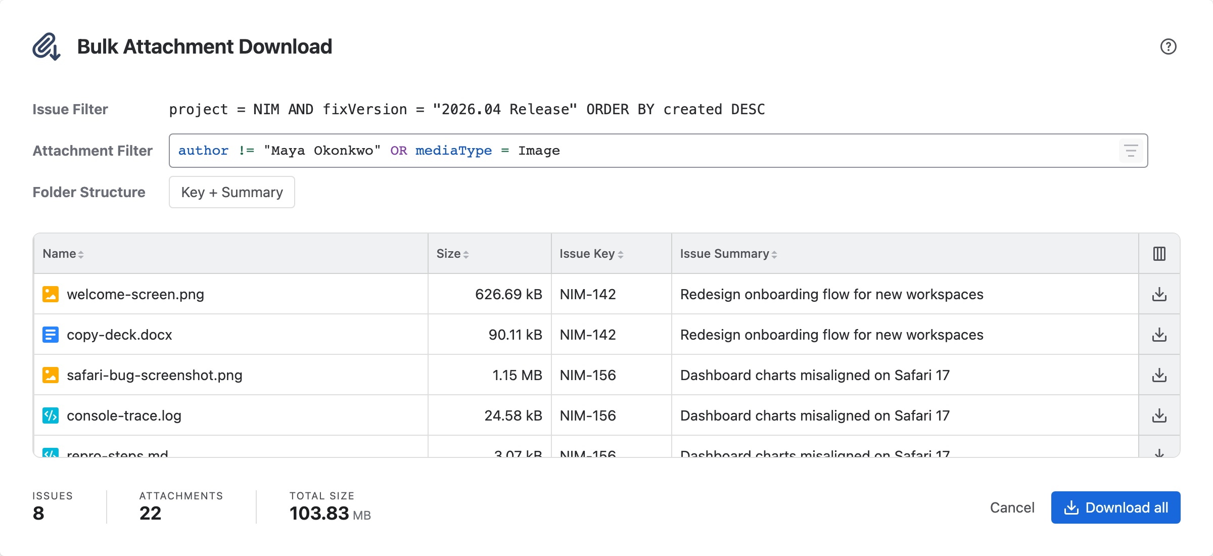 Bulk Attachment Download dialog